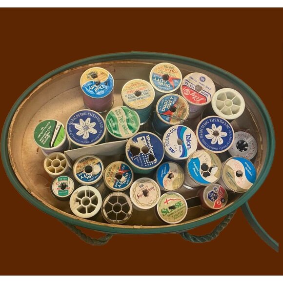 Vintage MCM Cloth Covered Sewing Box With Lid & Rope Handles and Thread Decor - Picture 4 of 6